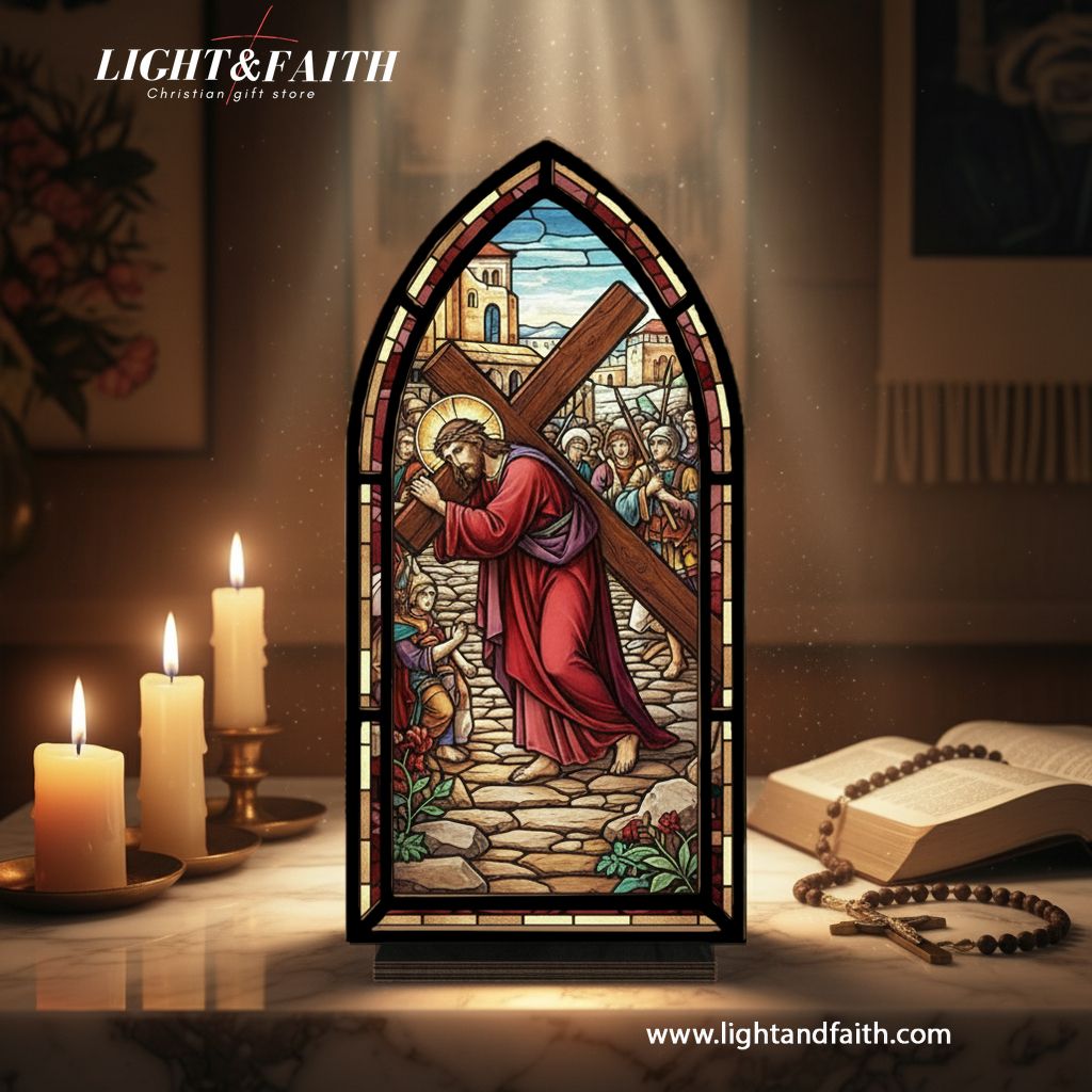 Christian Jesus Carrying the Cross Book Nook Decor, Stained Glass Window Style LED Light, Religious Home Altar Decoration, Faith Gift for Lent and Easter BNLAF19
